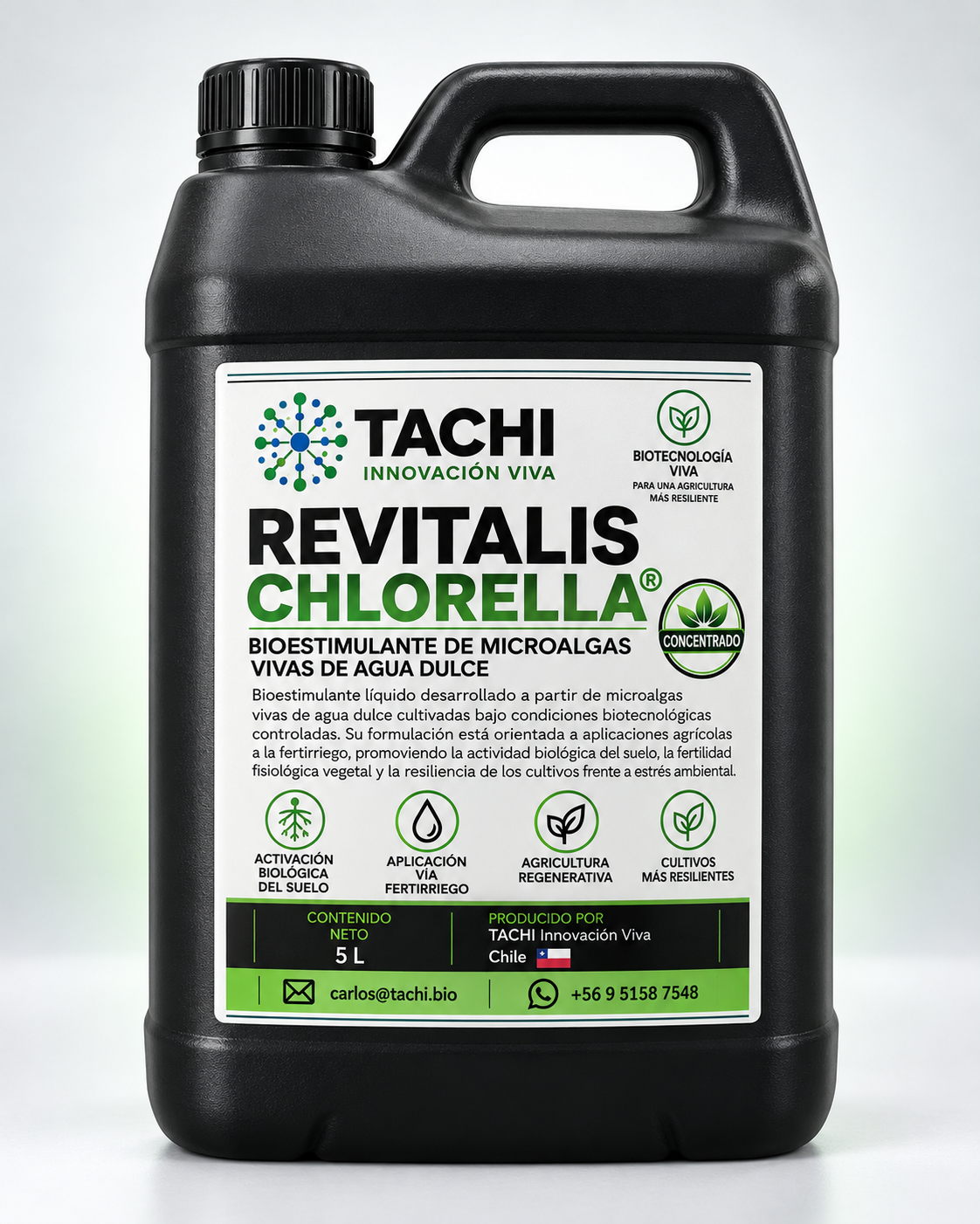 Bidón negro Revitalis Chlorella Ultra Concentrado TACHI de 5 litros